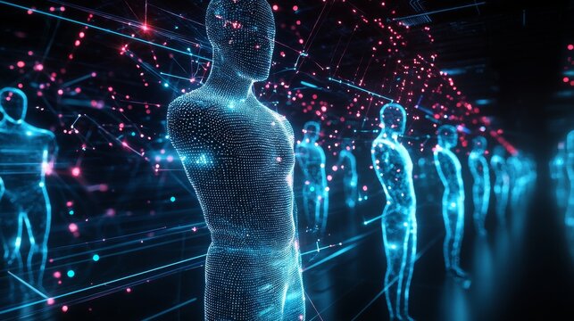 Figure Umane Digitali Futuristiche in una Rete di Luci e Linee che Rappresentano la Connettivit&agrave; dei Dati e l'Intelligenza Artificiale