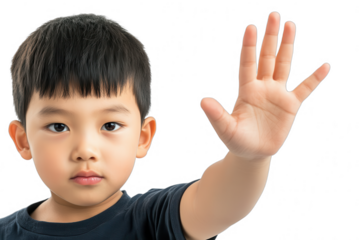 Young Asian Boy Raising Hand Isolated on Transparent Background for Educational Diversity Awareness Campaigns