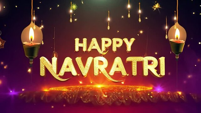 Golden happy navratri text with sparkling effects appearing on a purple background with golden particles and hanging oil lamps