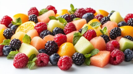 Obraz premium Fresh Fruit Salad with Melon, Berries and Mint.