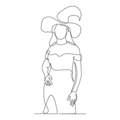 Continuous single line sketch drawing of woman witch wizard magician cone hat halloween costume do magic trick one line vector illustration