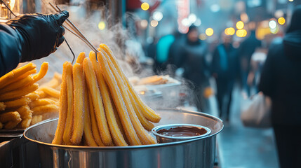 A vendor serving hot churros dusted with cinnamon sugar, with a warm chocolate dipping sauce on the side, in a busy market.