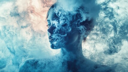 Fototapeta premium Woman's Face Partially Obscured by Blue Smoke
