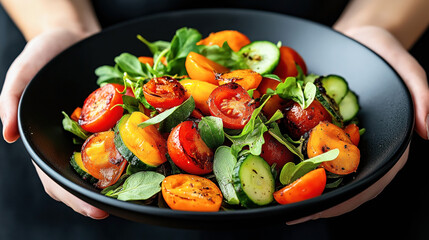 A vibrant salad with cherry tomatoes, yellow tomatoes, cucumber, and arugula in a black bowl, showcasing fresh and lightly roasted vegetables.