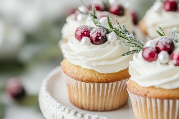 festive holiday cupcakes topped with white frosting, sugared cranberries, and sprigs of rosemary, arranged on a decorative cake stand