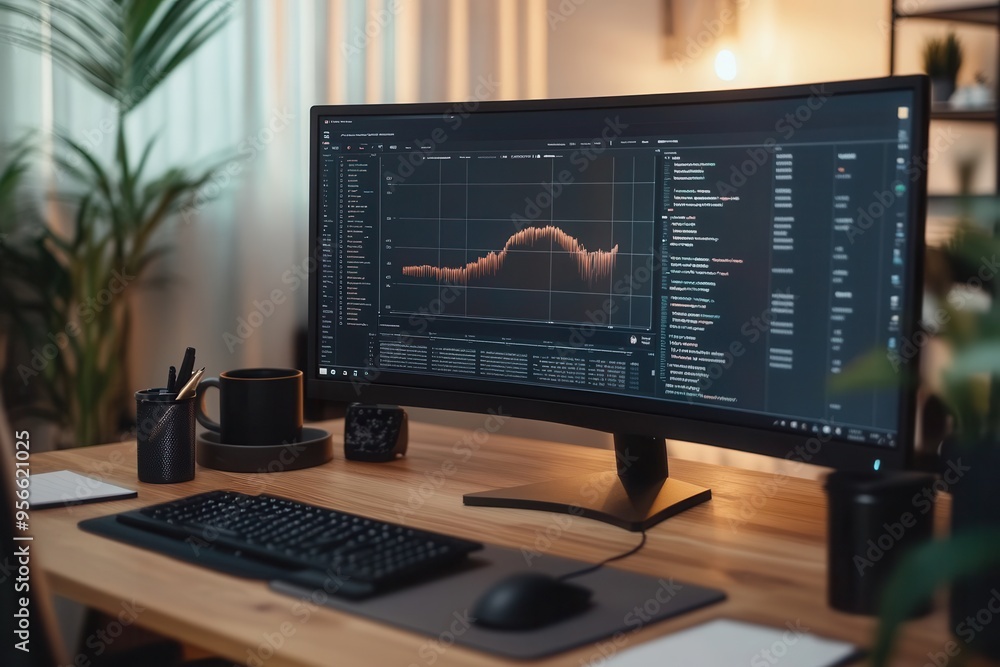 Poster an expert working diligently on complex data analysis using a large curved monitor while surrounded 