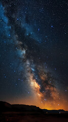Fototapeta premium Silhouette tree in Africa with stars and the Milky Way in the background. A dark tree silhouetted against the setting sun.