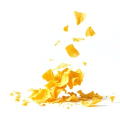 Naklejka premium Pile tortilla chips crumbs, yellow pieces flying isolated on white background high saturation