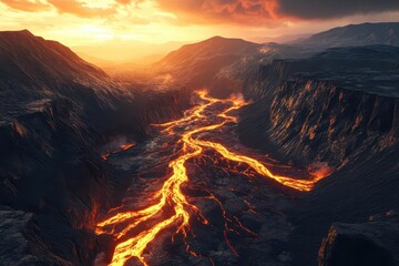 Fototapeta premium A volcanic mountain range with rivers of lava flowing through valleys, the earth glowing under the heat, Realism, Bright orange and dark brown, 3D rendering, Untamed wilderness