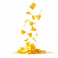Naklejka premium Pile tortilla chips crumbs, yellow pieces flying isolated on white background high saturation