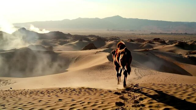 Bactrian camel traverses the undulating dunes of the gobi desert, its silhouette stark against the rising sun. Smoke rises in the distance, hinting at human presence in this arid landscape
