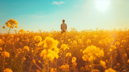 Fototapeta premium Man standing in a blooming field under the sunny sky.