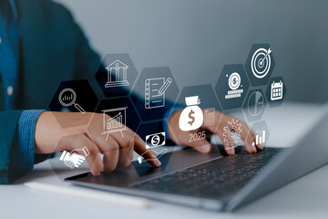 2025 Budget planning and management concept. Calculate company income and expenses, Company budget...