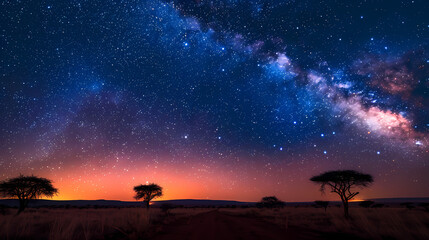 Fototapeta premium Silhouette tree in Africa with stars and the Milky Way in the background. A dark tree silhouetted against the setting sun.