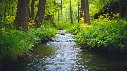 A narrow creek flowing through a dense forest in spring, surrounded by fresh green growth.