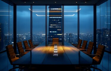 Elegant boardroom overlooking the city skyline during twilight with stunning modern design