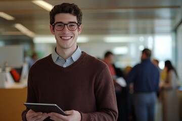 This image depicts a confident male entrepreneur with a digital tablet in a working environment