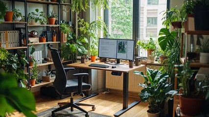 A creative workspace with a dual monitor setup, ergonomic chair, and motivational posters, illustrating an inspiring home office for remote professionals.