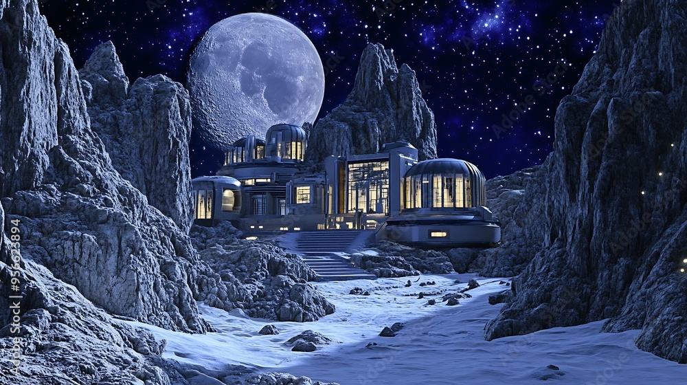 Poster space colony with high-tech infrastructure and advanced, futuristic living spaces.
