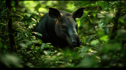 Fototapeta premium Amazonian tapir foraging in the dense underbrush, camouflaged among the rich greenery of the forest