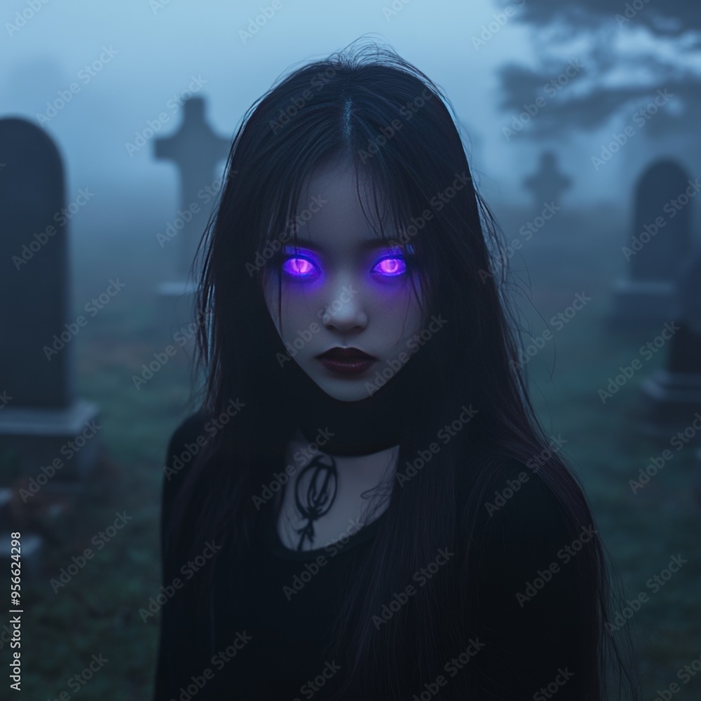 Poster A young woman with glowing purple eyes stands in a foggy graveyard.