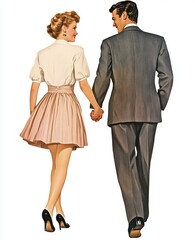 A vintage 1950s illustration of a couple walking hand in hand, with the woman in a pleated skirt and the man in a suit.