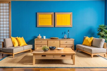 Square coffee table near white sofa and rustic cabinets against white wall with blank poster frames with copy space. Japanese home interior design of modern living room