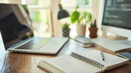 A laptop, notebook, pen, and a mug on a wooden desk.