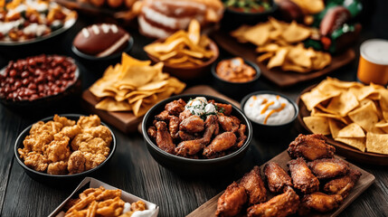 Assorted game day snacks including chicken wings, fried chicken bites, nachos with dip, chips, and a football on a wooden table.