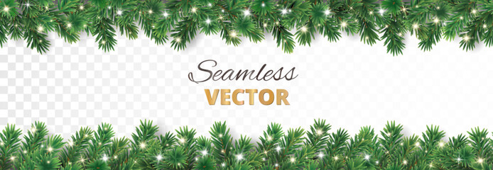 Christmas tree seamless garland with glowing sparkling Christmas lights decoration. Vector border for holiday banners, party posters, headers. Transparent background can be removed in vector file. © Olga Prozorova
