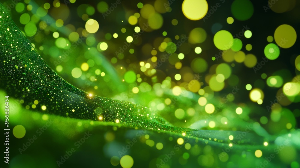 Poster a dynamic and abstract background is created by the movement of green particles in a wave-like patte