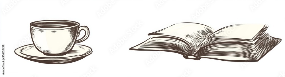 Poster line drawings of a book, coffee, and pen. there is a diary concept and knowledge library concept wri