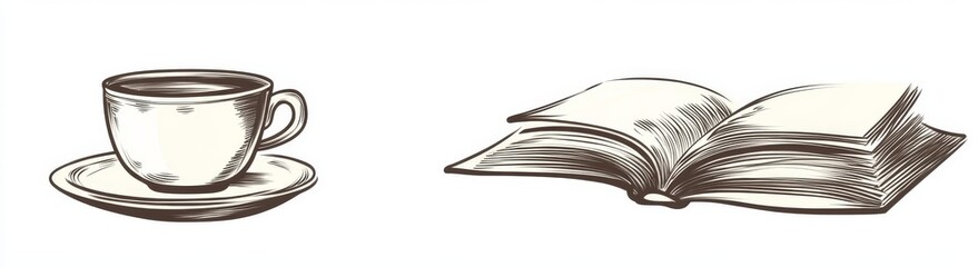 Line drawings of a book, coffee, and pen. There is a diary concept and knowledge library concept written in simple linear style. Editable strokes.