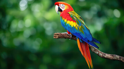 Colorful macaw perched on a branch in the Amazon, its vibrant feathers standing out against the lush green background