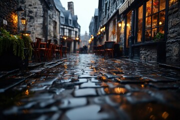 Fototapeta premium The image captures a glistening cobblestone street after rain, surrounded by medieval-style buildings, with a serene dusk ambiance highlighted by warm lights from street lamps.