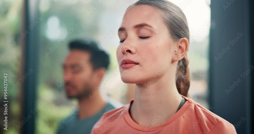 Canvas Prints Yoga, class and meditation with namaste in studio for holistic wellness, mindfulness and spiritual healing on floor. People, woman and breathing with prayer hands for mental health, peaceful and zen