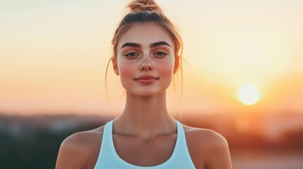 Fitness influencer guiding a sunrise yoga session in a peaceful outdoor setting with a blurred natural background  The instructor demonstrates yoga poses and techniques for a healthy