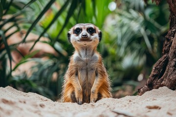 A Curious Meerkat Sitting in Sand, Facing the Camera