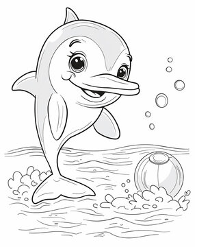 recommend clip art: Cute cartoon dolphin playing with beach ball, coloring book for kids in simple line art style with thick lines