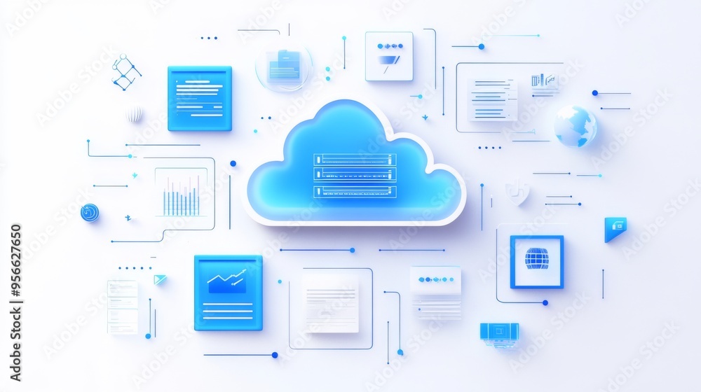 Poster cloud computing concept with icons representing data storage, file sharing, and other online service