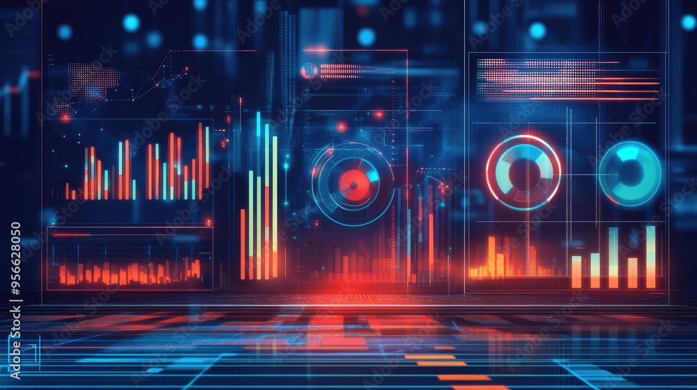 Poster digital concept of automated business processes with graphs showcasing distribution and consumption 