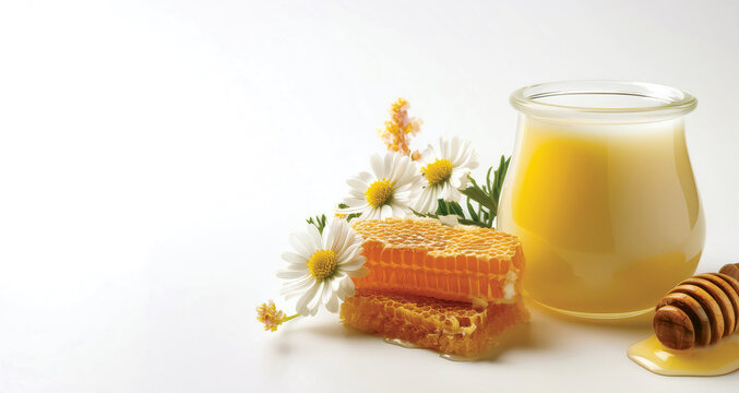 Honey with milk Glass jar, adored with honeycomb and blooming flowers on white background