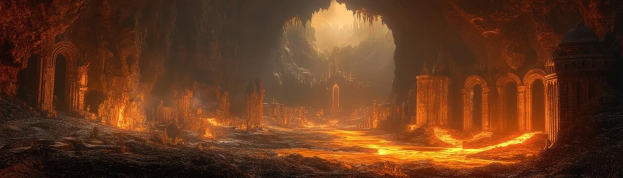 Underground dwarven city, with stone-carved buildings, molten rivers, and massive statues, fantasy environment, 3D illustration