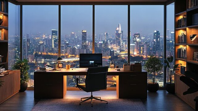 A home office with a panoramic city view, capturing the blend of professional work and personal comfort that defines the modern remote work lifestyle.