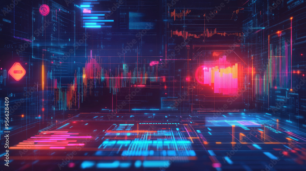 Poster digital concept of automated business processes with graphs showcasing distribution and consumption 