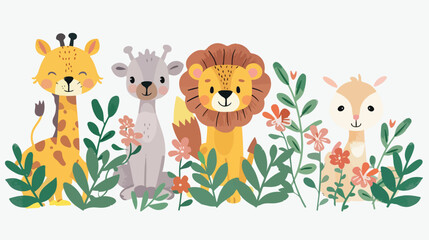 Fototapeta premium Cute Wild Animals Concept Poster with Lion and Giraffe
