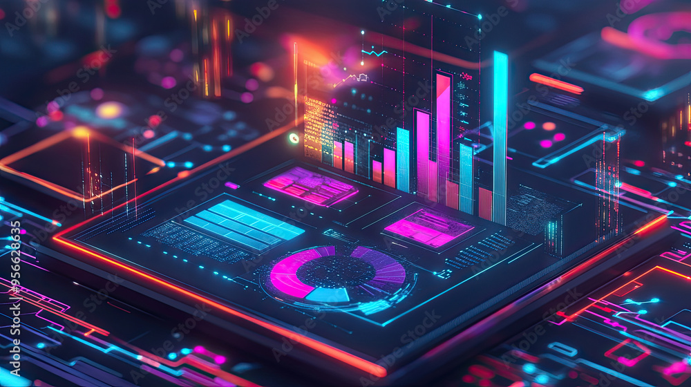 Poster digital environment concept with automated business processes and graphs for distribution and consum