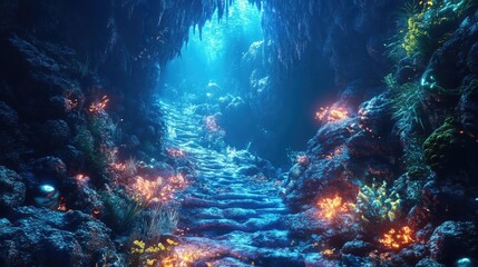 Obraz premium Underwater cave of treasures, with glowing algae, hidden treasure, and mysterious fish, fantasy environment, 3D illustration
