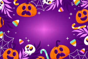 Halloween horizontal background with pumpkins, skulls and candies