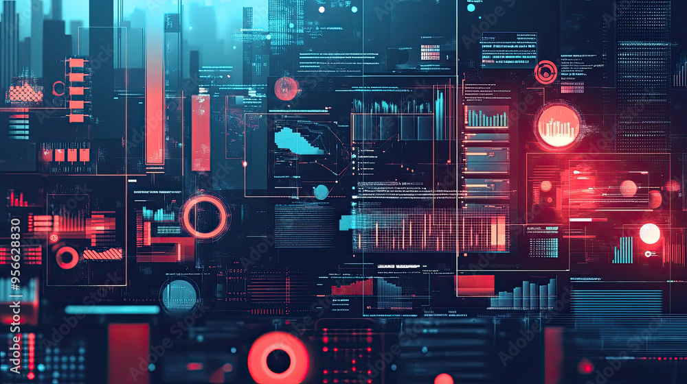 Poster digital illustration of business automation processes, with sleek graphs for distribution and consum